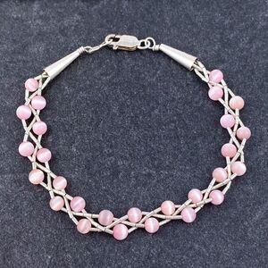 Sterling Liquid Silver 925 Cone Braided Pink Synthetic Cat's Eye Bracelet 7.25"